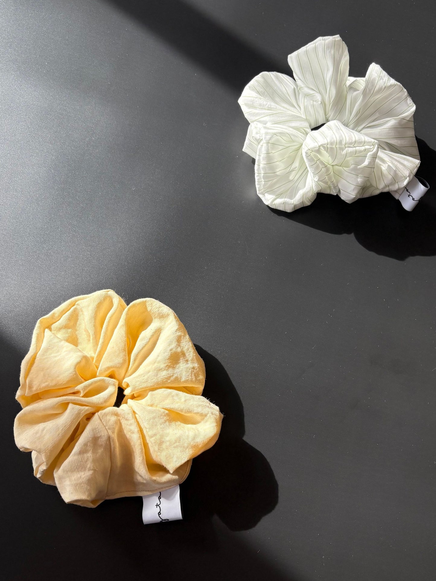 Magata cotton puff scrunchie citrine yellow and green stripes