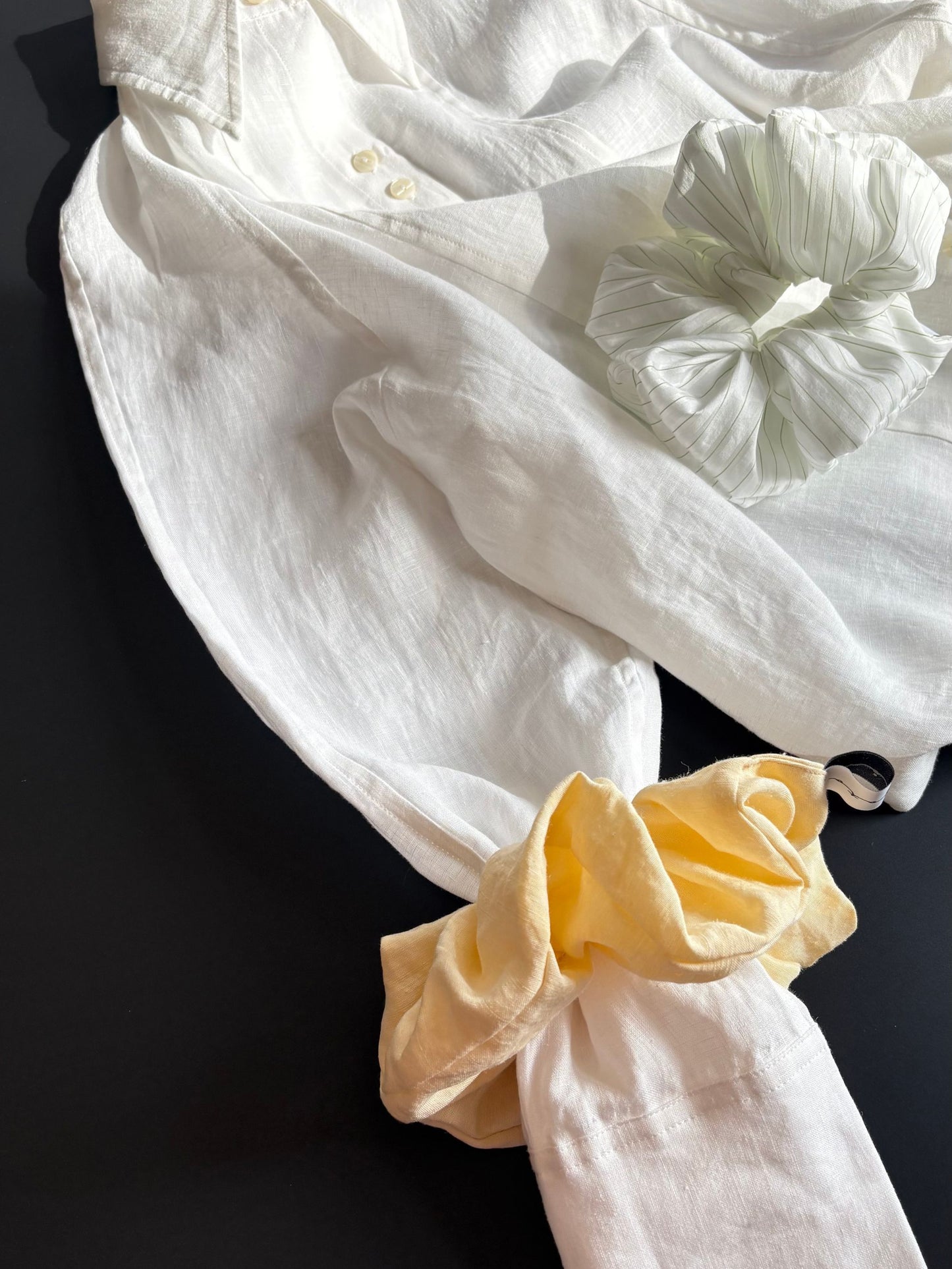Magata scrunchie cuff yellow and striped on white linen shirt