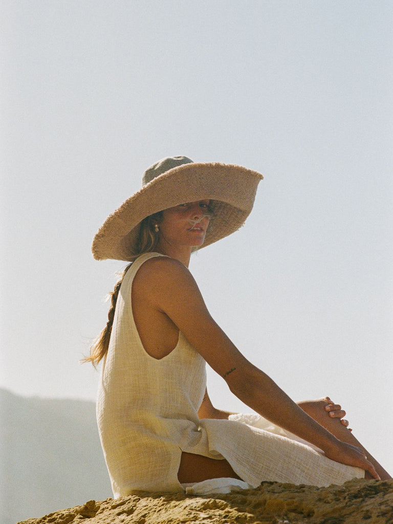 Atelier Magata Grand Shade Bloom Sun Hat natural dyed cotton grey pink white dress