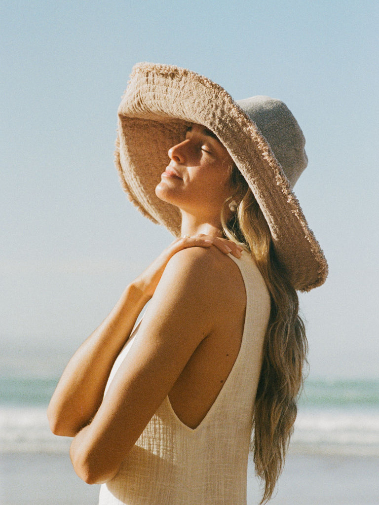 Atelier Magata Grand Shade Bloom Sun Hat natural dyed cotton grey pink white top