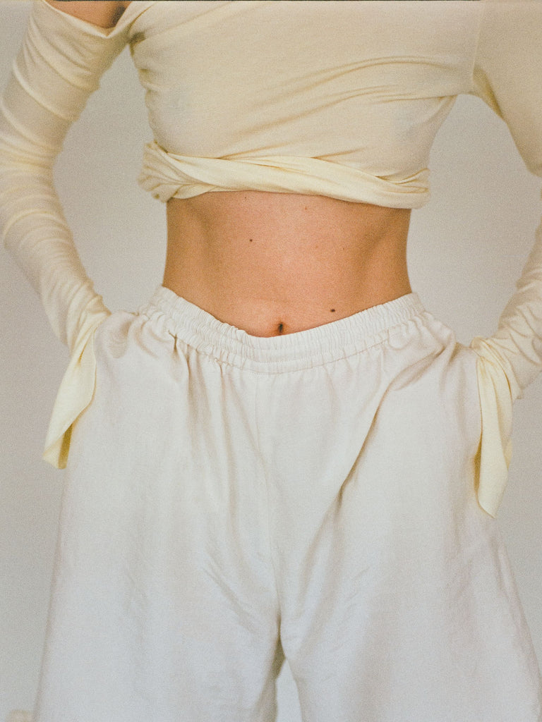 Atelier Magata Ruched creme silk linen shorts yellow butter top