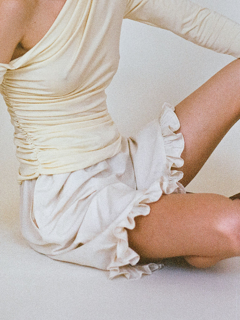 Atelier Magata Ruched creme silk linen shorts