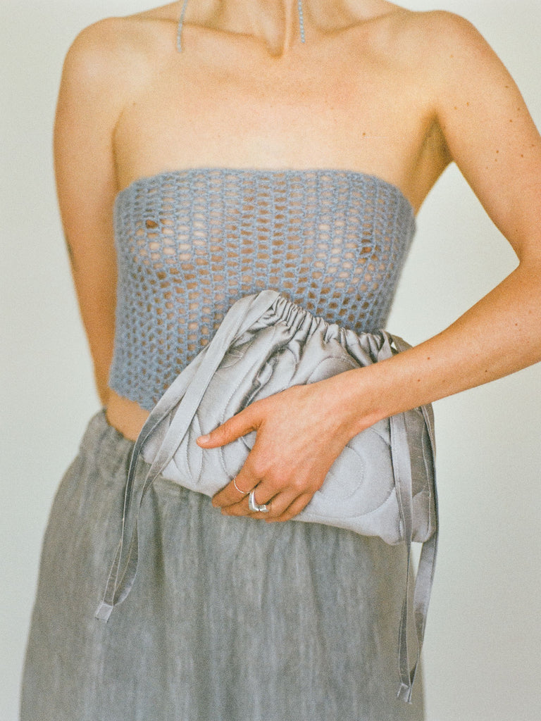 Atelier Magata SS25 Pearl silk knit net top sky blue lilac pouch