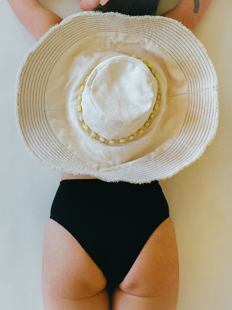 Atelier Magata Shade Bloom Sun Hat off white cotton gemstone beaded necklace black panties