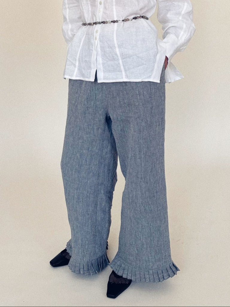 Atelier Magata Tide Linen Trousers Blue White linen shirt gemstone beaded belt strap