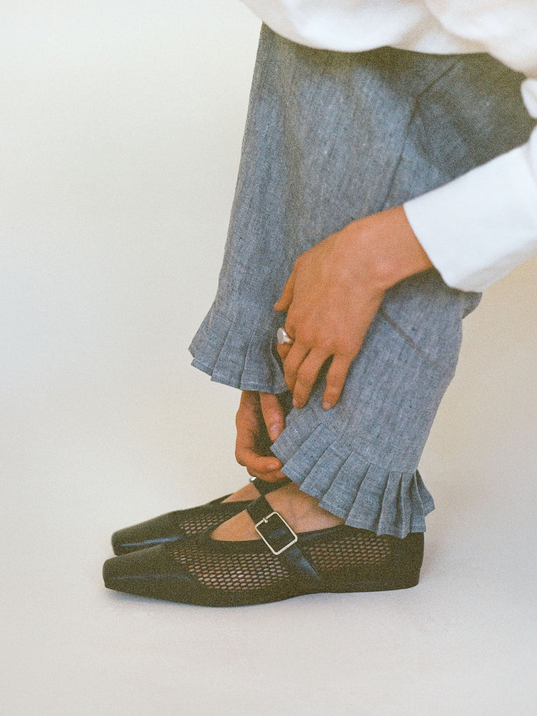 Atelier Magata Tide Linen Trousers Blue White linen shirt black mesh Mary Jane ruffle hem