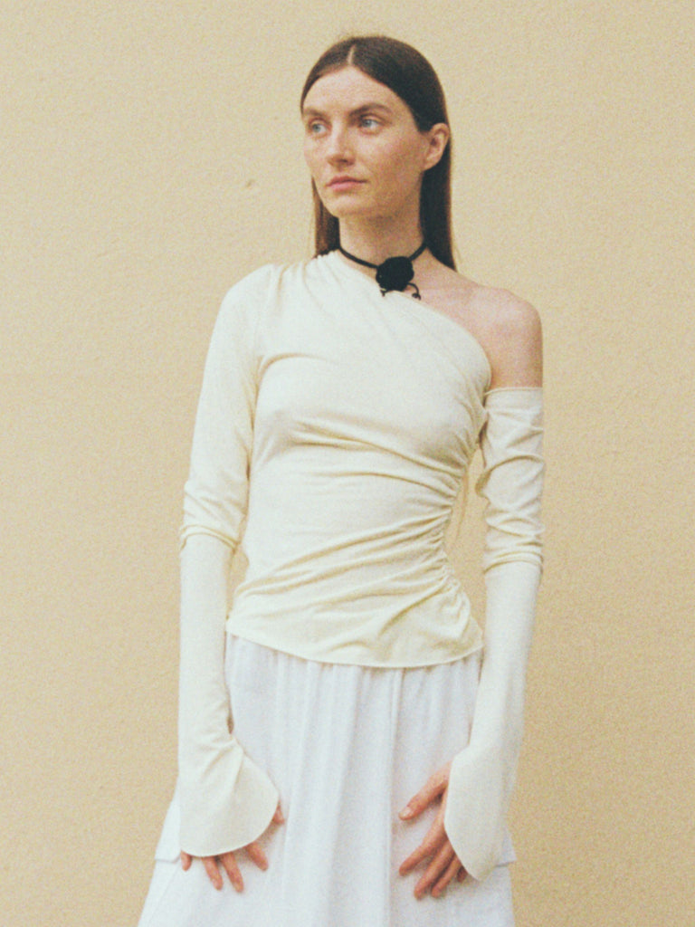 SS25 Atelier Magata Butter Yellow Top Asymmetric Shoulder Long Sleeves